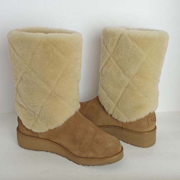 UGG Ariella Luxe Diamond Chestnut Suede Fur Cuff Boots 6 - Picture 7 of 11